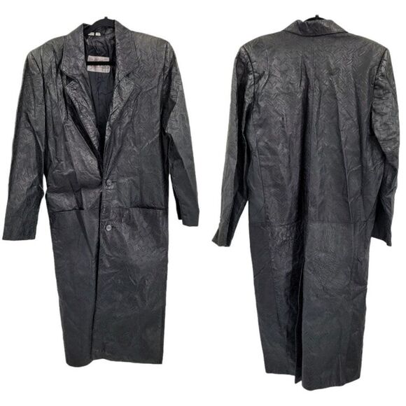 Vtg 80's Leather Trench Coat Rare Rocker Punk Tire Track Embossed Black Sz S - Picture 1 of 16